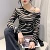 Spring New Long-sleeved Zebra Pattern Off-shoulder Korean Slim Base Shirt Simple T-shirt Top