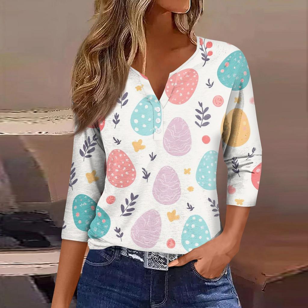Women's Fashion Casual Easter Printed V-neck Short Sleeve Decorative Button Seven Sleeve T-shirt Top