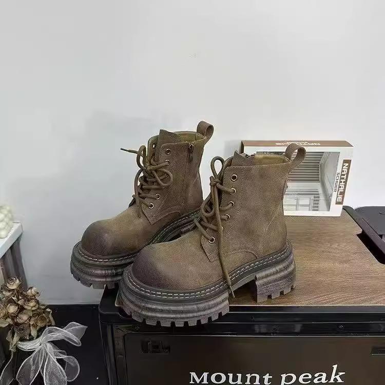 [Fanfna] Retro Polished and Old Martin Boots Women's 2025 Autumn New Versatile Lace-up Short Boots Locomotive Boots