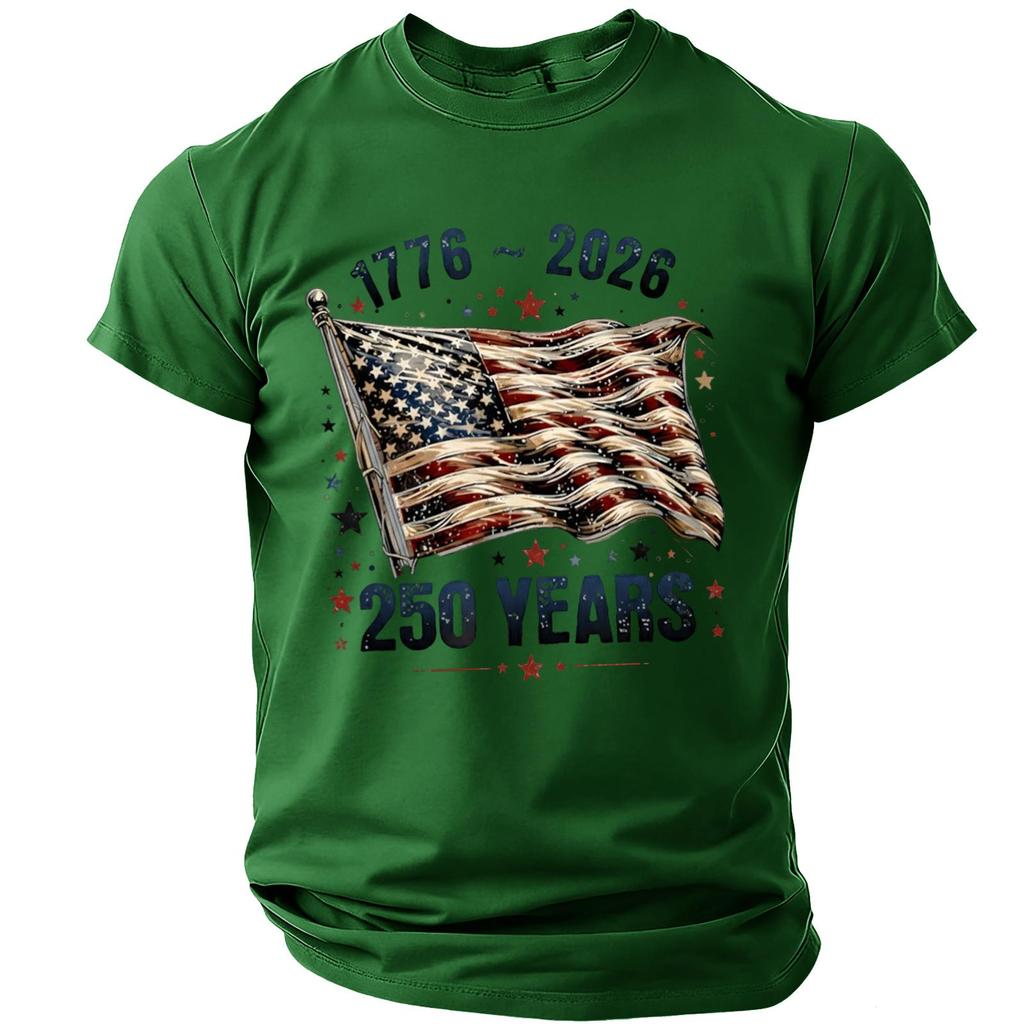 Men's Casual Short Sleeve Lightweight Breathable Crew Neck T-Shirt with Printed Graphic USA Flag and Anniversary Design 1776 to 2026 250 Years
