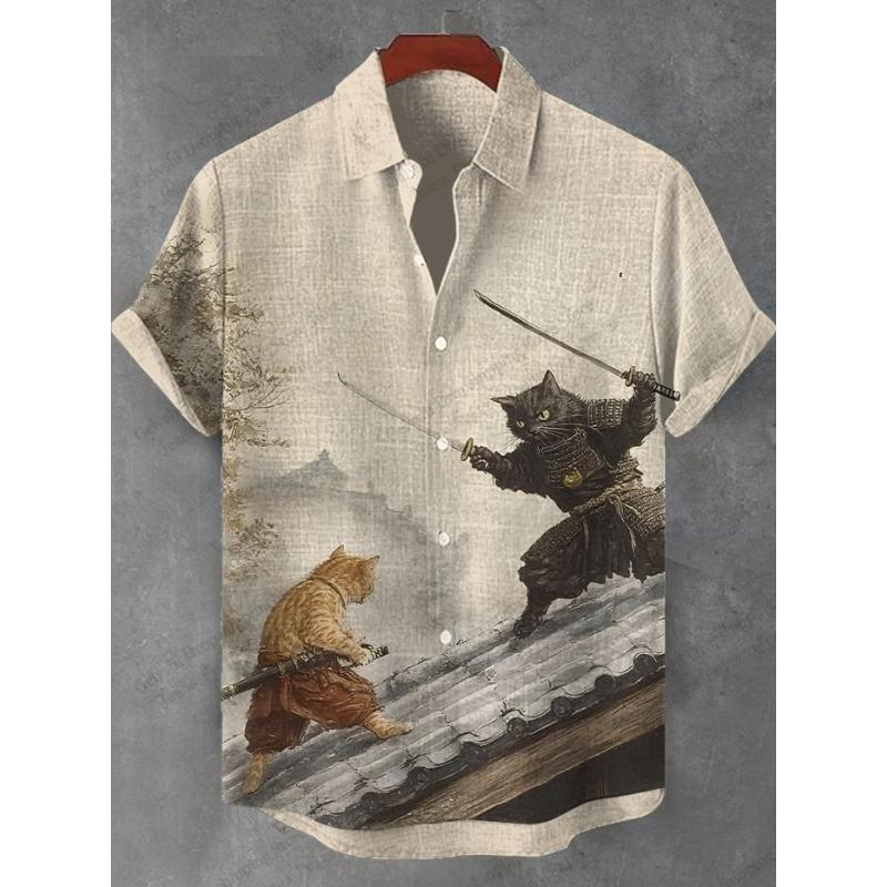 Modisches Herren Sommer Hawaiianhemd Vintage Kalligraphie Katze Dinosaurier 3D Druckhemd Kurzarm Lässige Strandhemden