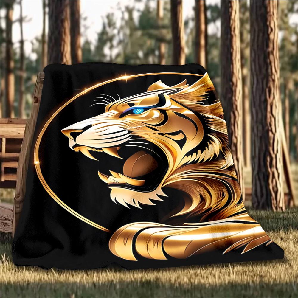 1pc Golden Tiger Head Throw Blanket Polyester Fiber, Lightweight Flannel, Soft & Warm, All Season Use for Outdoor, Camping Digital Print