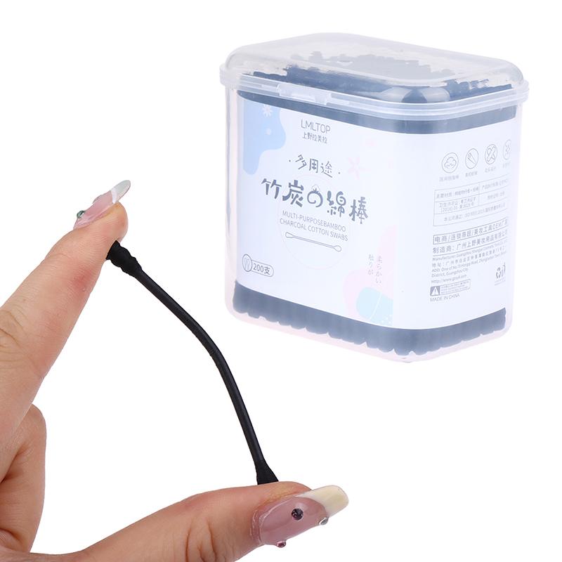 200Pcs Disposable Cotton Swab Spiral Ear Cleaner Black Double Heads Medical Swab Lipstick Eyebrow Eyelash Cotton Bud Makeup Tool