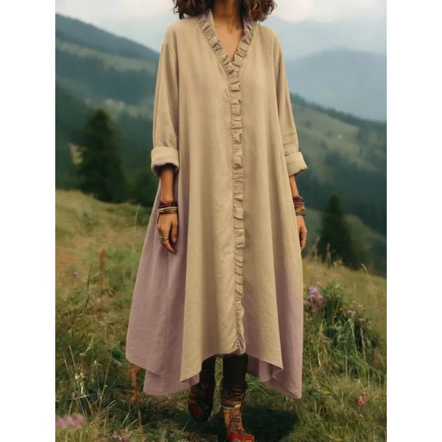 YYFS Moda donna primavera autunno tinta unita stampa manica lunga scollo a V vita larga abiti casual