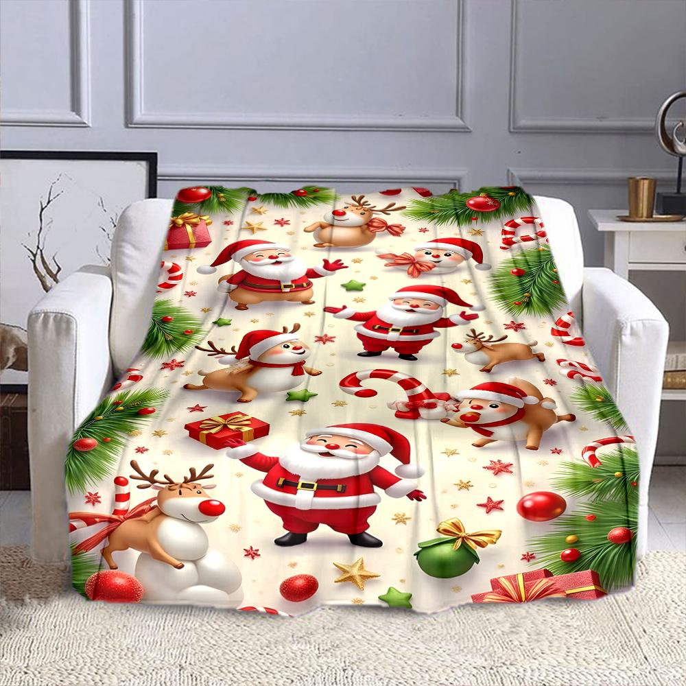 Cute Santa Claus and Reindeer Christmas Design Patterned Flannel Blanket Perfect for the Bedroom Living Room, Sofa, or a Little Nap