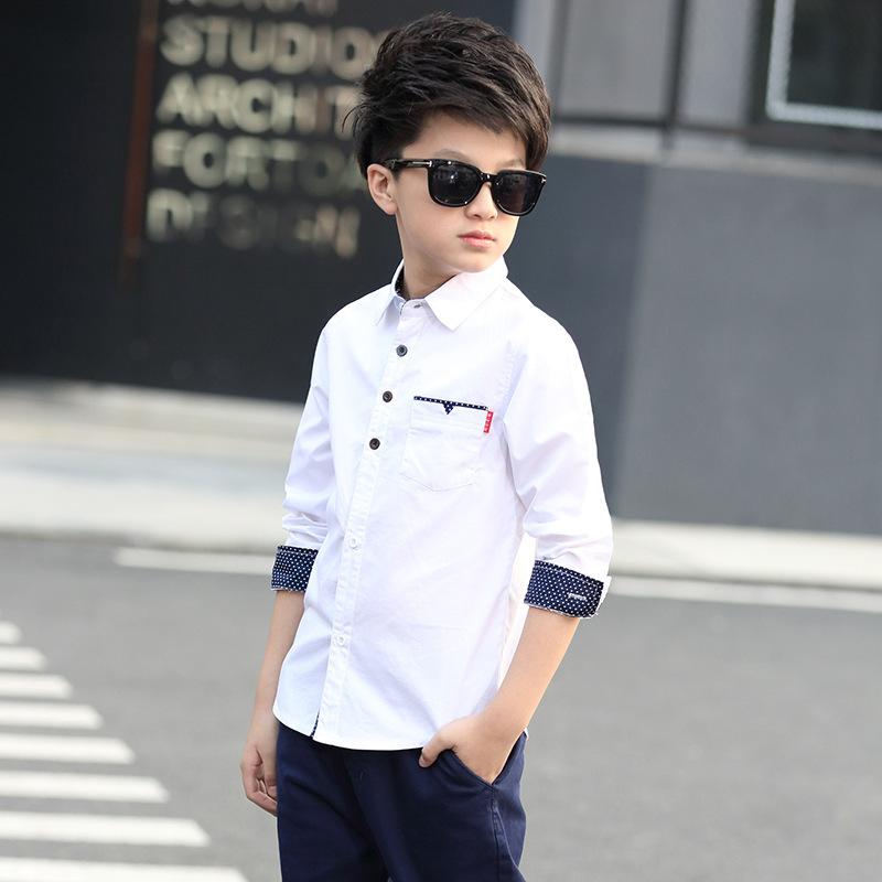 Ropa para niños, blusas de algodón para primavera y otoño, camisa de manga larga con cuello vuelto para niños, camisa de moda para niños de 5 a 15 años