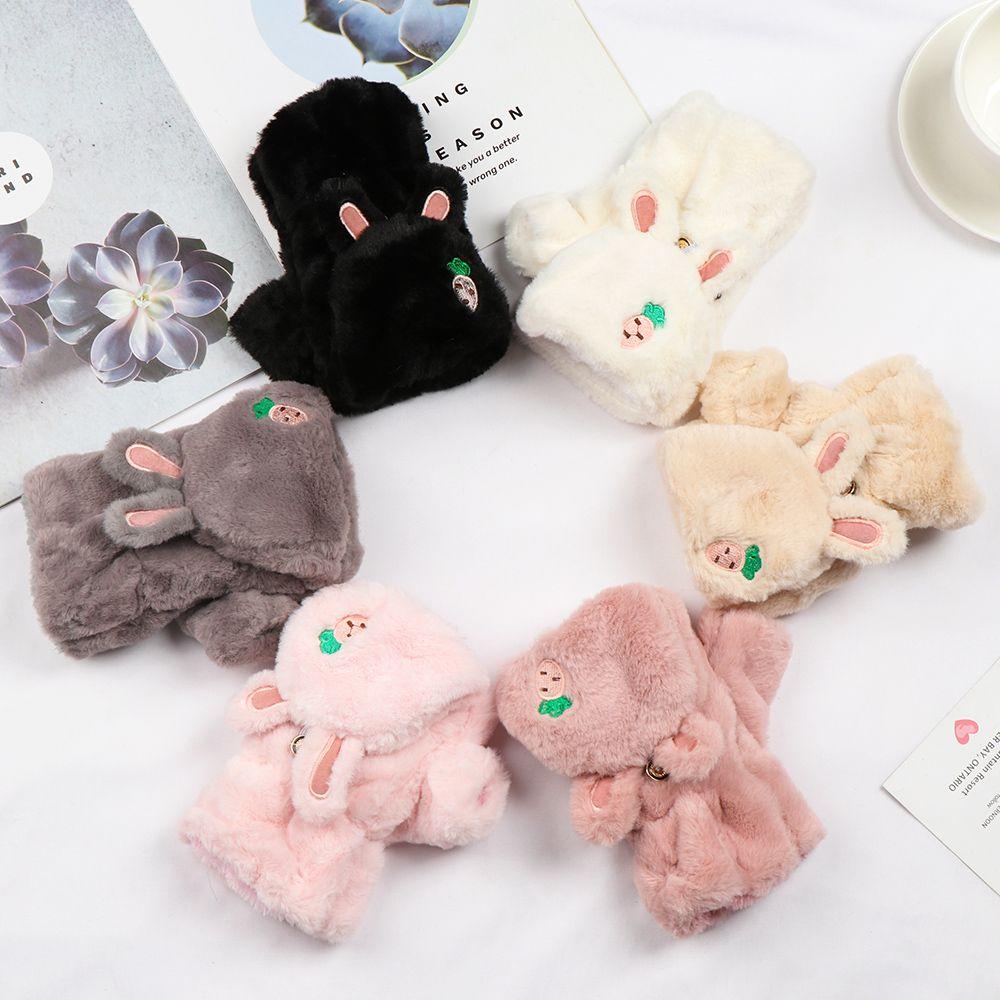 Fashion Soft Cute Cat Half finger Faux Rabbit Hair Gloves Warm Mittens Plush Thick