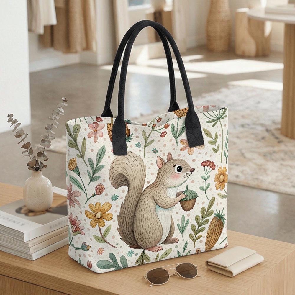 Cute Squirrel Floral Print Canvas Tote Bag Casual Portable Daily Shopping Handbag