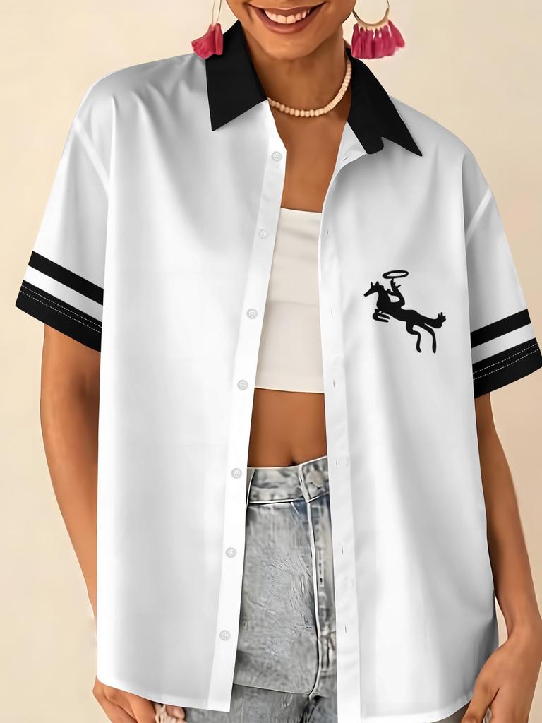 Love printed short-sleeved shirt women's summer loose casual lapel shirt retro niche top