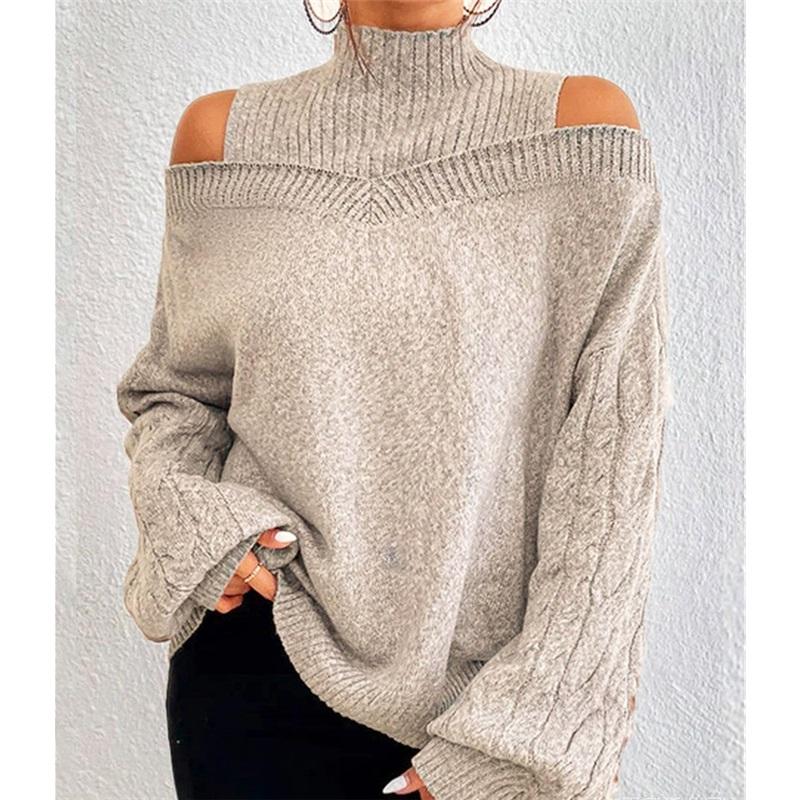 Maglione da Donna Collo Alto a Spalle Scoperte Casual Morbido a Treccia Pullover Manica Lunga Autunno Inverno Maglia Top