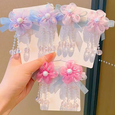 Haarnadel Gradient Organza Blumen Schleife Imitation Perlen Dekor mit Perlenquaste Haarspange Hanfu Prinzessin Röcke Haarschmuck