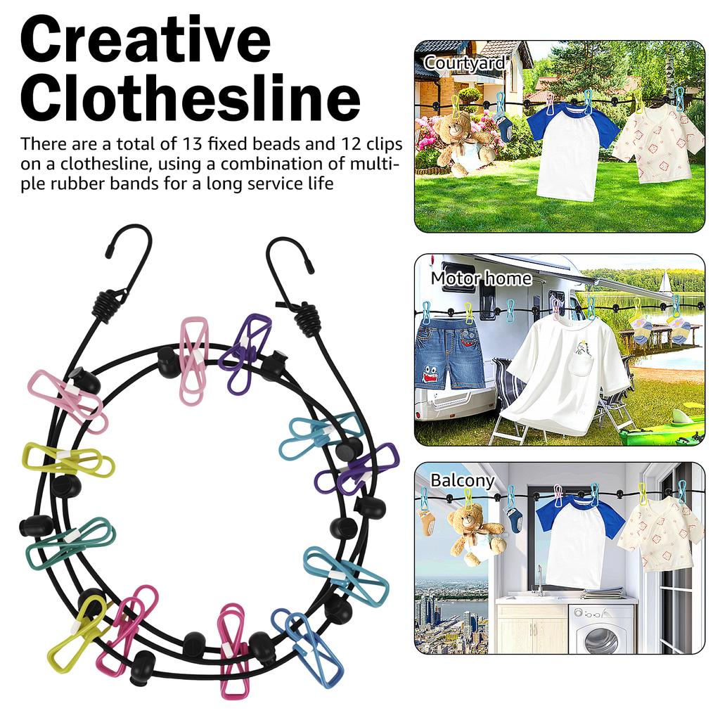 Portable Clothesline Outdoor Windproof Clothesline with Colorful Clips Travel Retractable Laundry Dryer Clothes Rope For Outdoor
