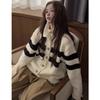 Vintage turtleneck black and white striped knitted cardigan women's autumn winter contrasting colors oversized sweater lazy coat