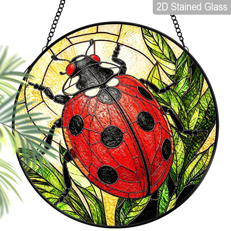 

2D Flat Stained Glass Red Seven-Spotted Ladybug Window Decoration, 7.87inches Colored Glass Plate with Chain, Charming Spring Summer Sun Catcher Home 7.87inch