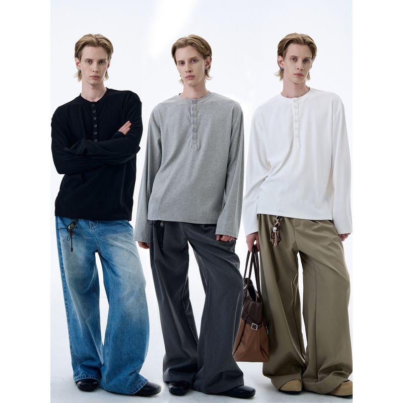 Kisko Simple American-Style Henry Collar Commuter Cleanfit Long-Sleeve T-Shirt for Men and Women, High-End Casual Base Layer Top