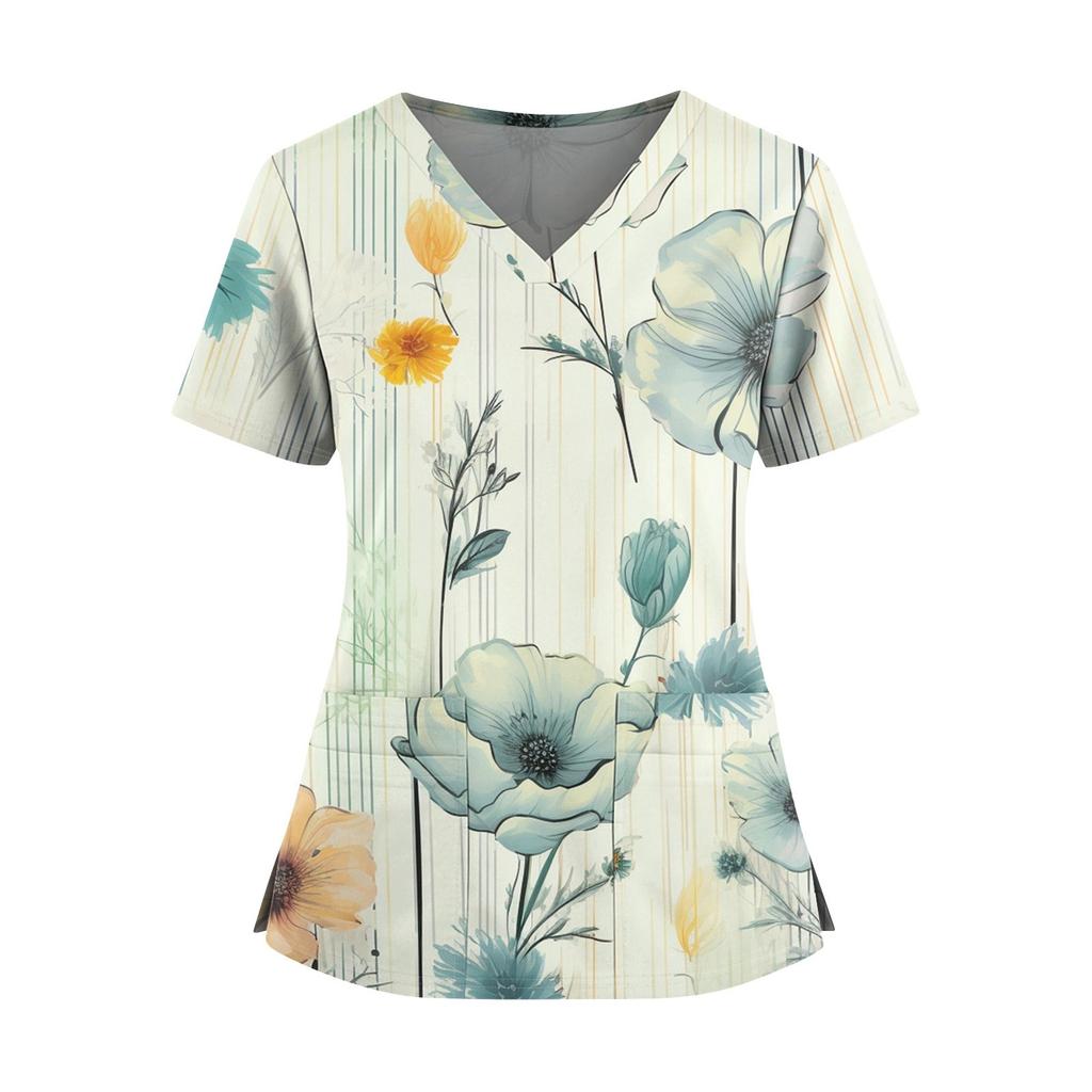 Women's Fashionable Printed V Neck Double Pocket Short Sleeved Shirt With Slit Hem Uniform And Worker Top