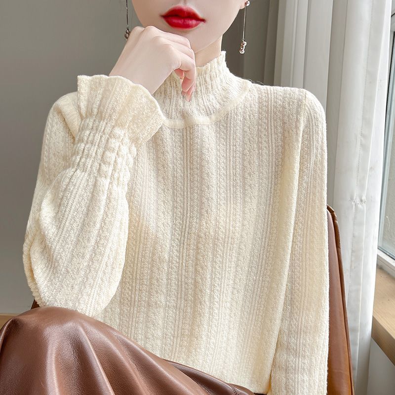 Long Sleeve Turtleneck Knitwear for Women Gentle Lace Ruffled Inner Sweater Base Layer Top