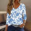 Womens 3/4 Sleeve V Neck Button Detail Geometric Floral Print Tunic Top Casual Lightweight Blouse