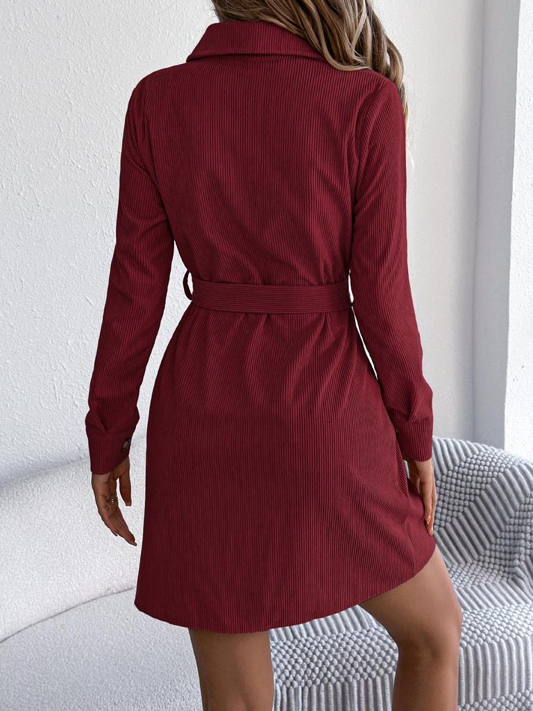 Women's Casual Solid Color Corduroy Shirt Dress with Belt - Long-Sleeve, Single-Breasted