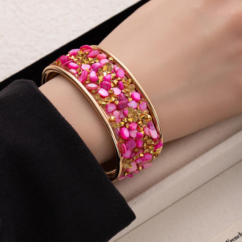 Colored gravel wide-sided open bracelet, flash diamond-encrusted bracelet, men's and women's personality trendy and cool hand jewelry