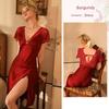 French Style Elegance Sexy Couple Date Nightdress/See-through Lace Edge Deep V Split Hollow Dress/Pajamas