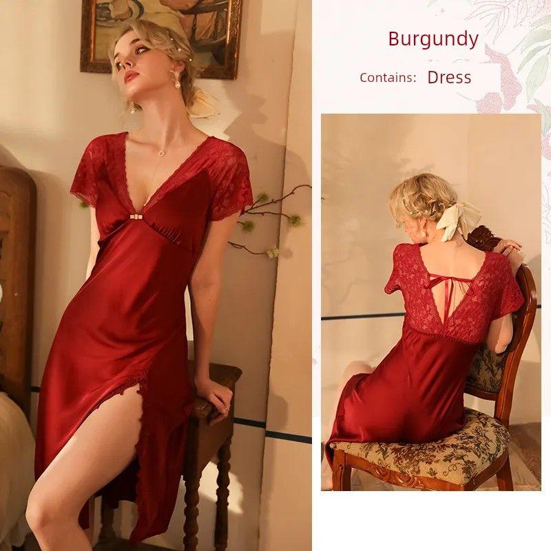 French Style Elegance Sexy Couple Date Nightdress/See-through Lace Edge Deep V Split Hollow Dress/Pajamas