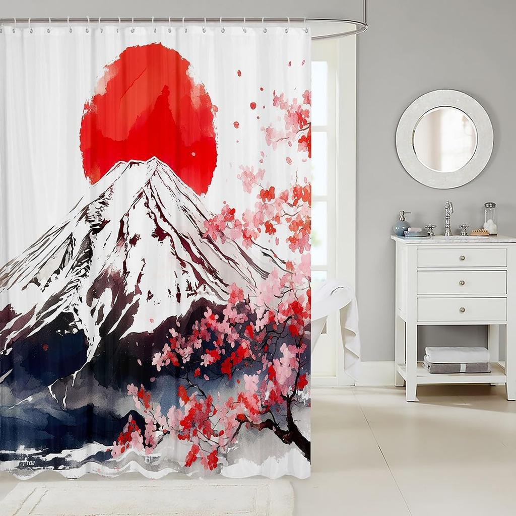 Kids Japanese Style Shower Curtain Japanese Ukiyoe Bathroom Shower Curtain Set Hokusai Exotic Bath Curtain Girls Fuji Mountain