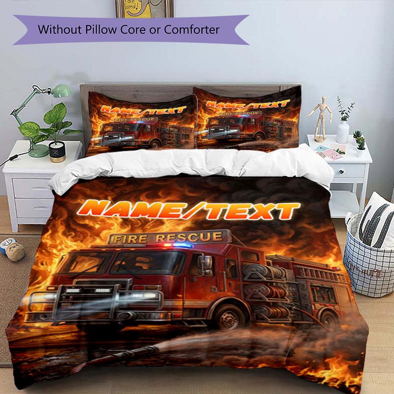 3PC Custom Name Fire Truck Heroic Scene Bedding Set Duvet Cover Closure Includes 1 Duvet Cover & 2 Pillowcases for Bedroom