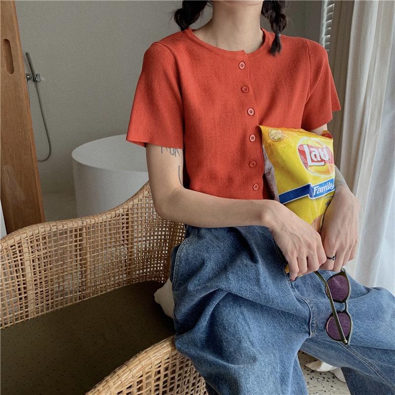 Summer Round Neck Solid Casual Fashion Tank Top Women Short Sleeve All-match Knitting Cardigan T-shirt Tee