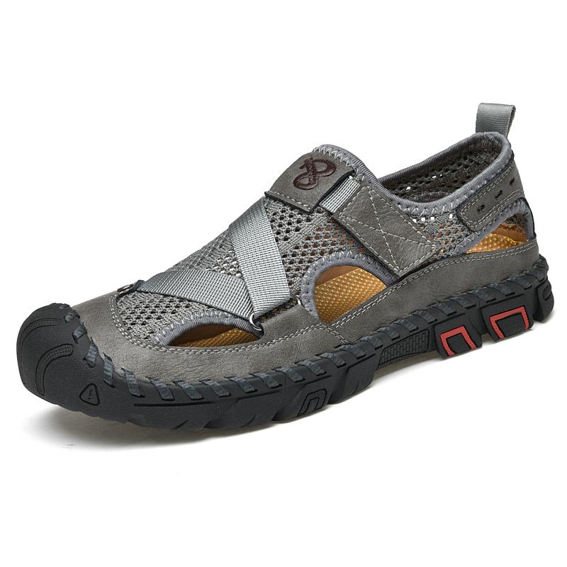 Fashion Breathable Mens Sandals Handmade Leather Male Summer Shoes Outdoor Walking Beach Flats Cool Mesh Sneakers Non-Slip Men Sandalias