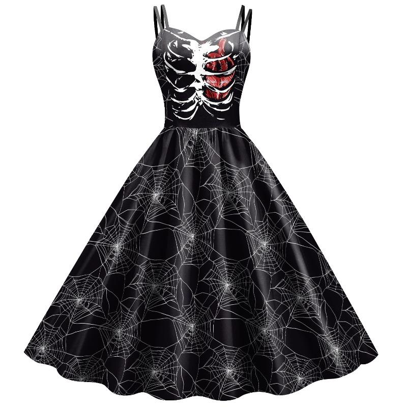 Source Women's Dress Halloween New Dress Suspender Skeleton Skull Head Digital Printing Dress Women