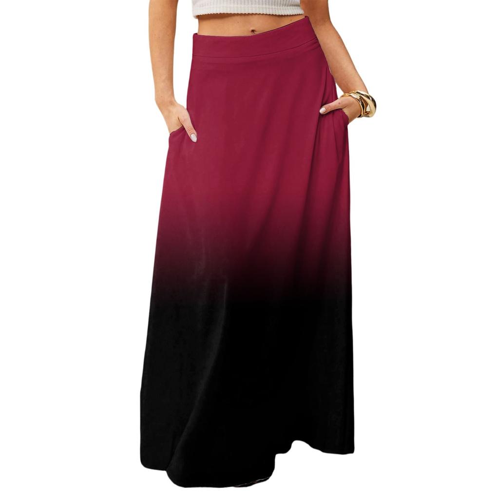 Damen Lässig Freizeit Faltbar Farbverlauf Druck Hohe Taille Mit Tasche Drapierter Entspannter Langer Maxi Rock