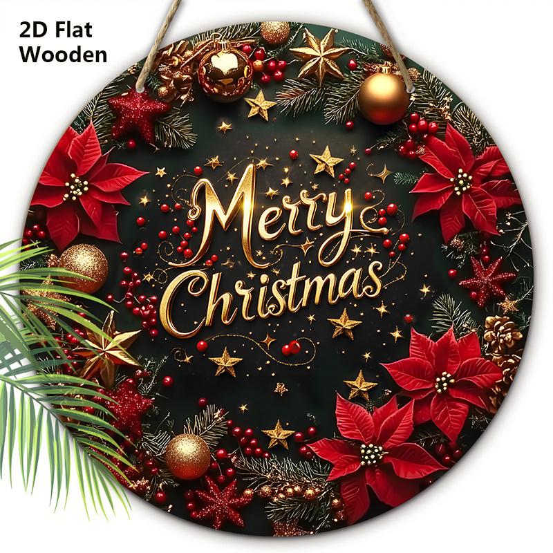 

Деревянная рождественская табличка с узором из рождественского шара и цветка, круглая табличка «Счастливого Рождества» для декора на входную дверь или стену, идеальное рождественское украшение 20cm/7.87in красный