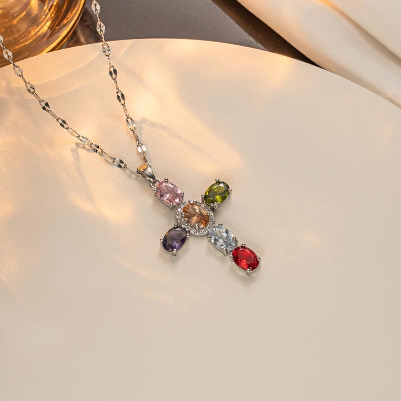 New Copper Micro Zirconia Necklace Multi-coloured Cross Pendant Hip Hop Necklace Collar Bone Chain Women's Necklace