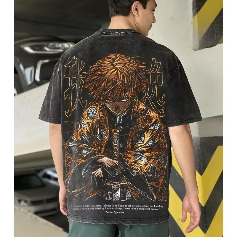 

2026 New Demon Slayer Agatsuma Zenitsu Graphic Quality T-Shirt Men and Women Cotton Vintage Washed Print Streetwear Sports Tops S разноцветный