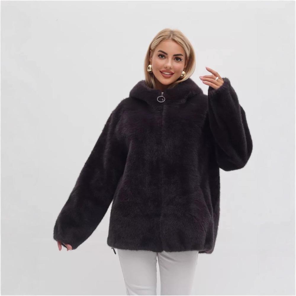 Women's Hooded Long Sleeve Zip Up Faux Fur Oversized Streetwear Winter Coat Jacket