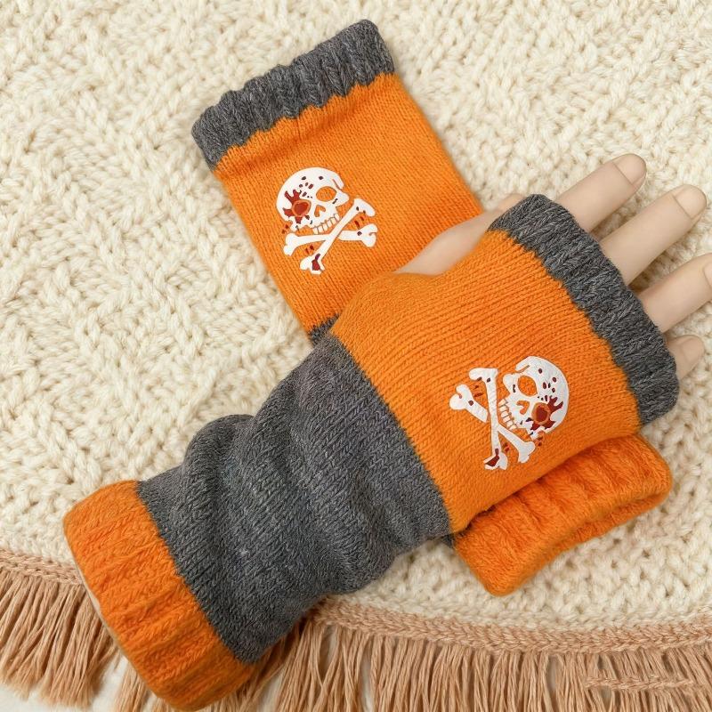 Gants en tricot sans doigts avec broderie de chat et patchwork, Gants décontractés ouverts aux doigts tendance pour femme, Mitaines chaudes d'hiver sans doigts