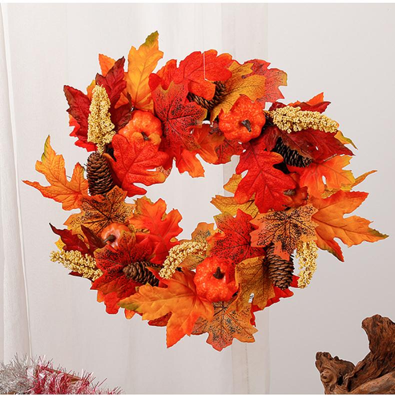 

Осенний венок из тыквы на Хэллоуин, кленовый лист, декоративный кулон на день благодарения, подвесной рождественский венок на дверь 35cm
