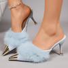 Women  Elegant Fluffy Fur High Heels Sandals Summer Metal Pointed Toe Mule Slippers Woman Plus Size Kitten Heel Party Shoes