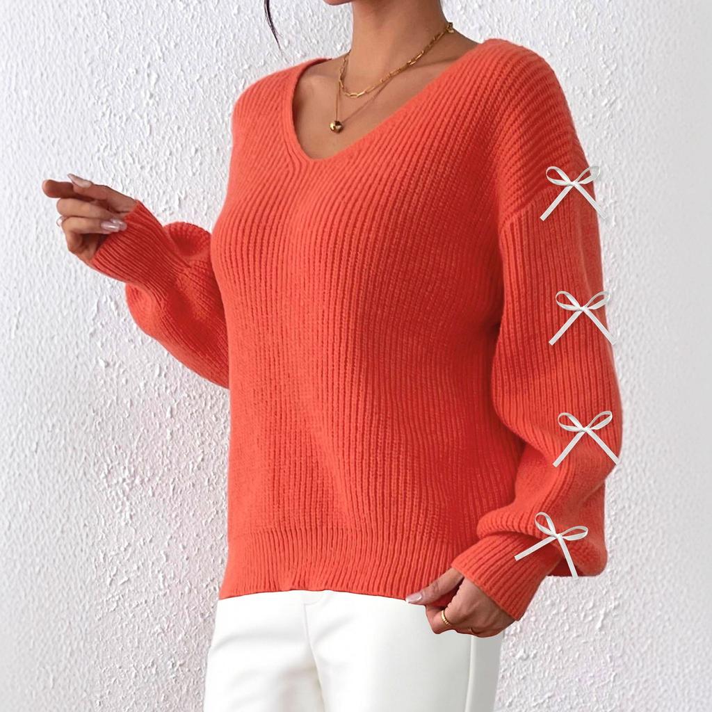 Women's Autumn and Winter Top with Ribbon Bow Decoration Pullover Sweater