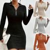 Women's New Lapel Zipper Waist Long-sleeved Knitted Hip-wrapped Dress