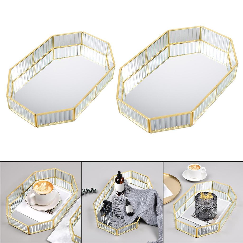 Mirrored Glass Make up Tray, Geometric Jewelry Organizer Ornate Bathroom Vanity Trays, Perfume