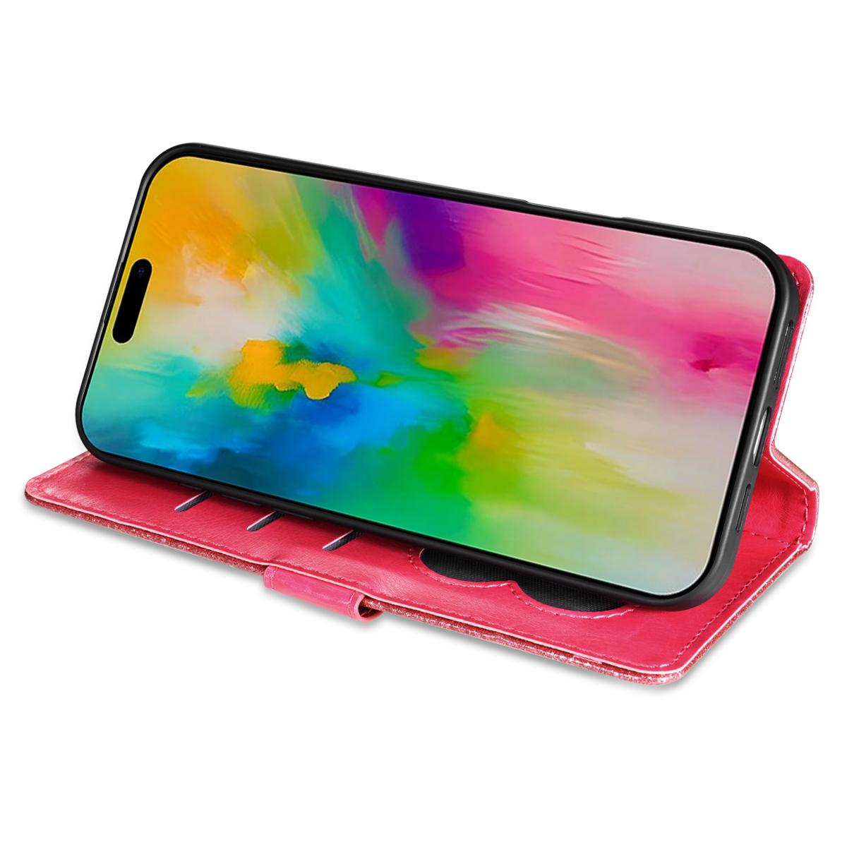 

For iPhone 16 Plus Stand Case Glitter Phone Leather Cover Zipper Pocket Rose