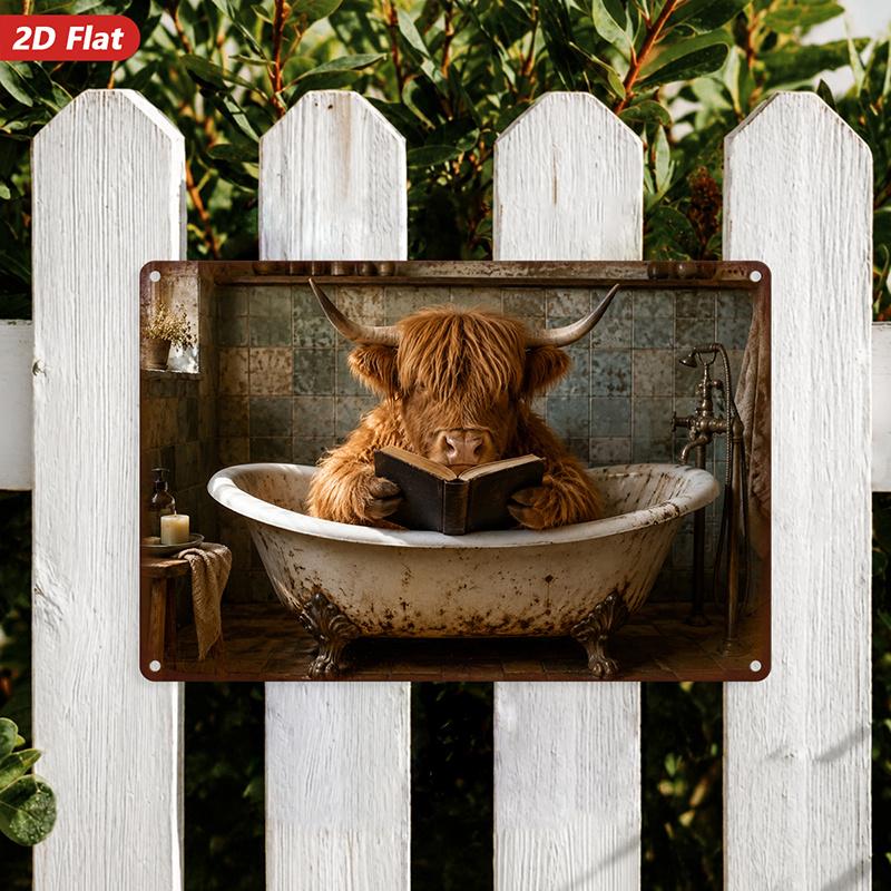 2D Flat, 1pc Highland Cow Metal Sign Wall Art, in Clawfoot Tub, Reading Book, Rustic Tiled Wall, Cute Farm Animal, Perfect for Kitchen Garden, Home De