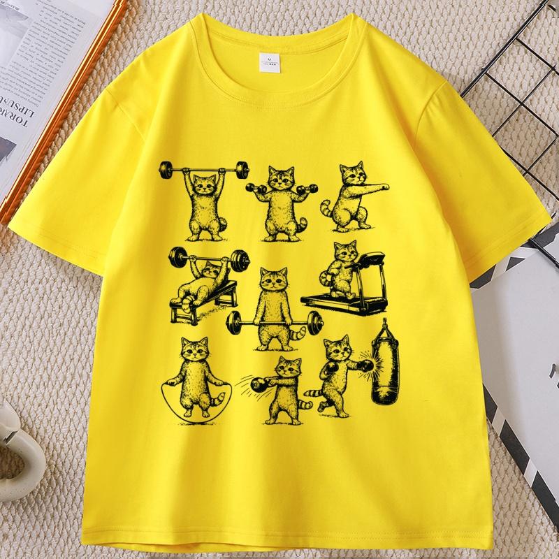 Funny Cats Gym T Shirt Unisex WOMEN Cat Workout T-Shirt Weight Lifting Gym Cat Tee O Neck Short Sleeve Tee Shirt Unisex Clothing