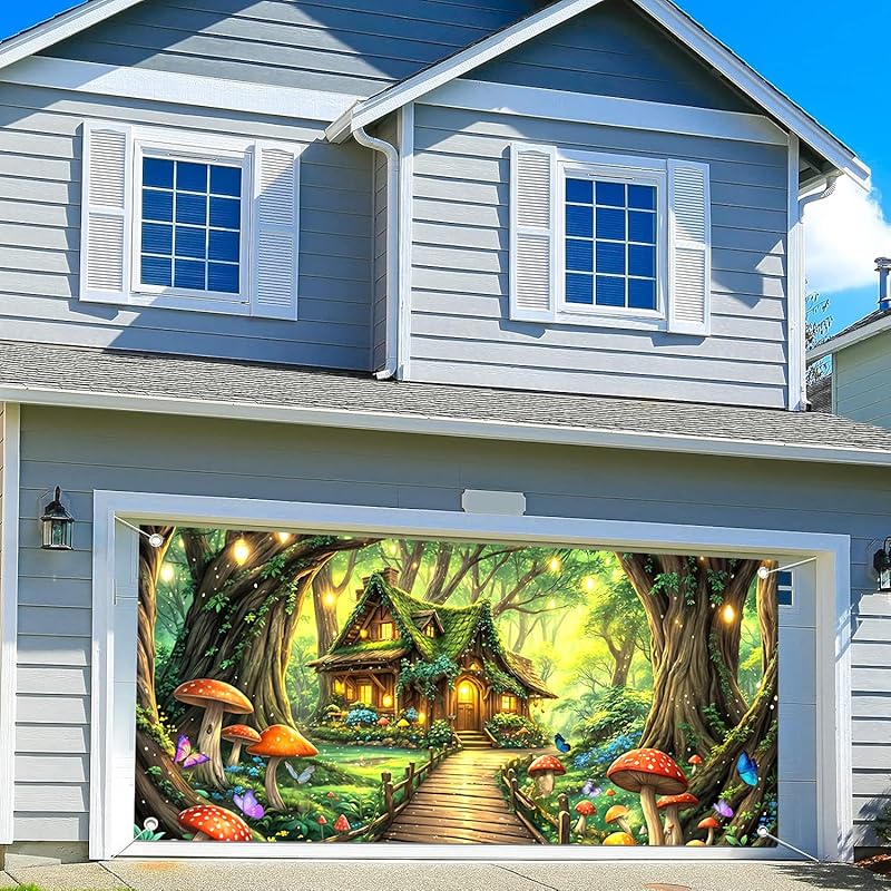 

Enchanted Forest Garage Door Cover – 16x7FT Fairy Tale Wonderland Backdrop with Mushrooms, Butterflies, and Grass for Jungle-Themed Decor, 8X6FT зелений