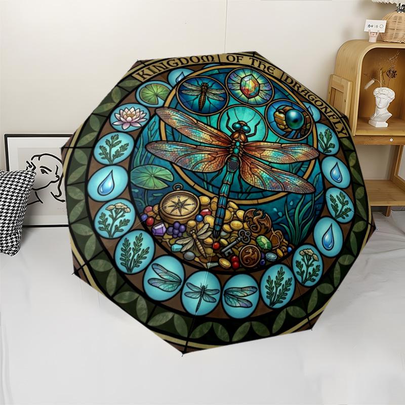 Dragonfly Kingdom Glass pattern umbrella, portable and foldable design, 8 ribs, a casual accessory for Halloween, Christmas, and birthday gifts.