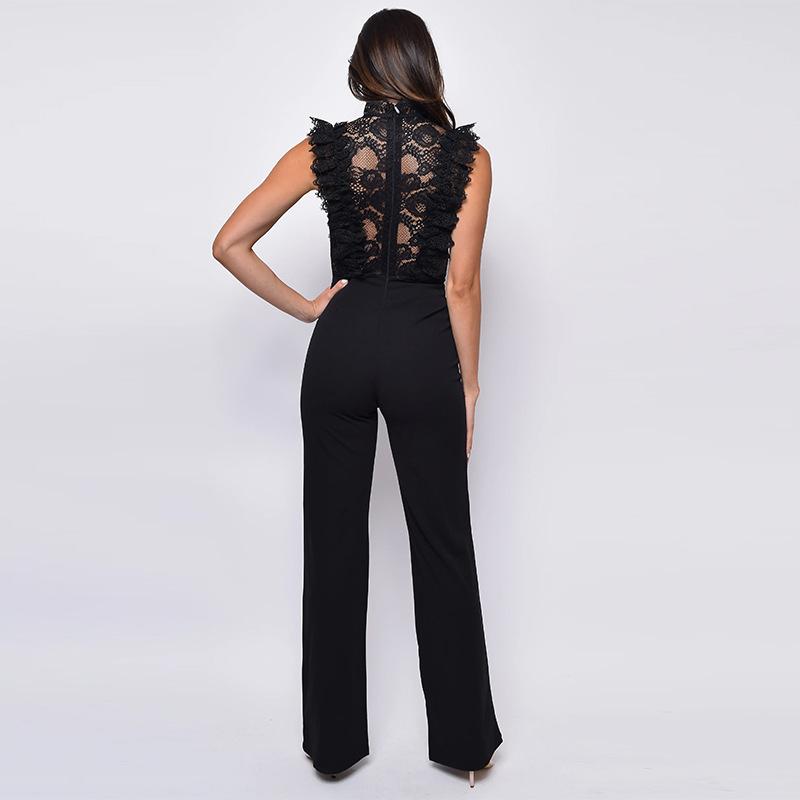 GMXIA Macacão feminino de gola alta, perna reta, renda, crochê, sem mangas