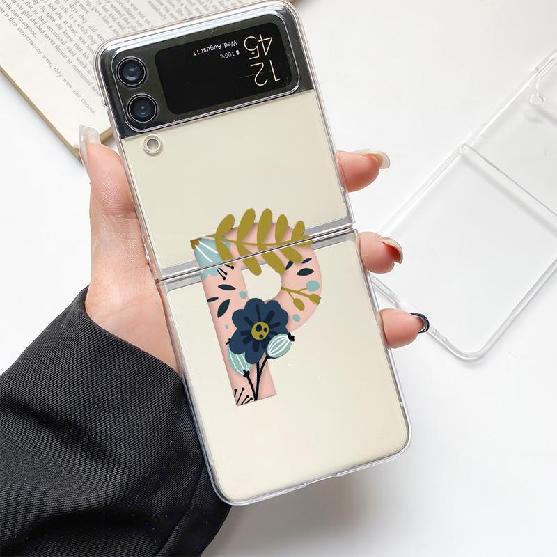 Art Initial Letter A To Z Pink Fashion Phone Case For Samsung Galaxy Z Flip 3 4 5 6 7 Hard Folding Z Flip4 Clear PC Cover Gift
