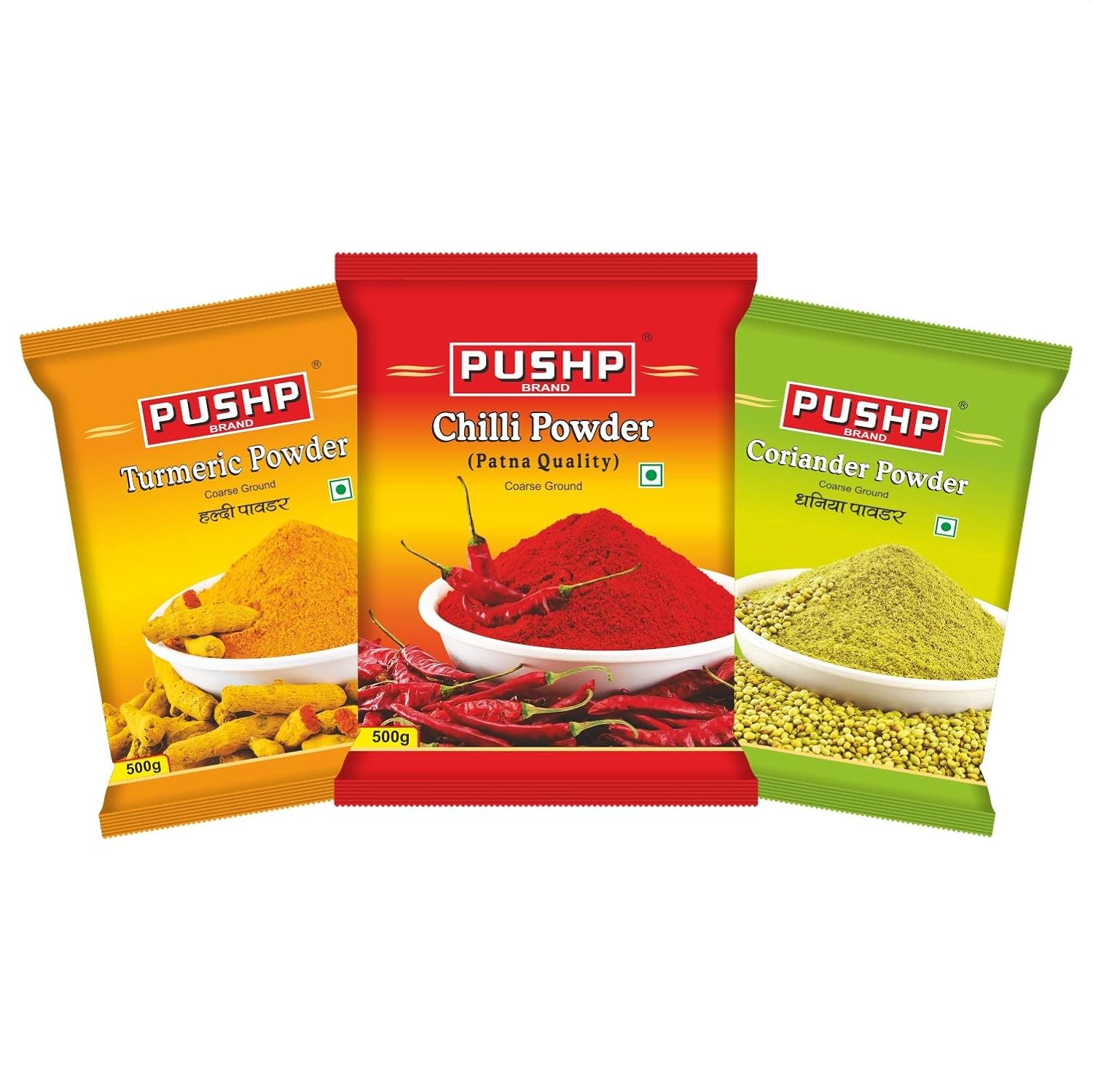 Pushp Brand Premium Spice Combo Pack 500g Each Pure Patna Chilli Turmeric And Coriander Powder For Authentic Indian Cooking